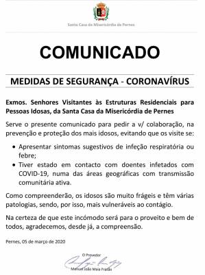 COMUNICADO - MEDIDAS DE SEGURANÇA - CORONAVÍRUS